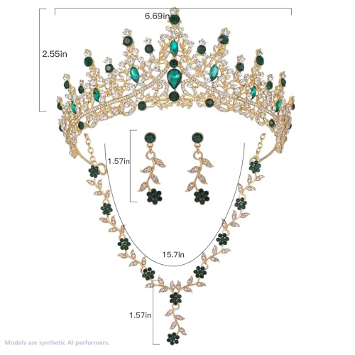 Kamirola Tiaras and Crowns for Women,Tiaras Earrings Necklace, Crystal Bridal Jewelry Set (TR48) - color: Gold Green