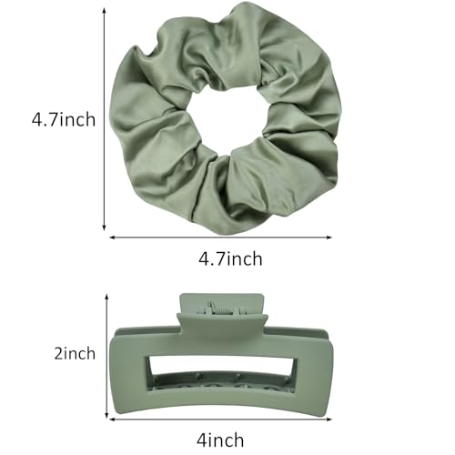 8Pcs Hair Clips and Scrunchies Set for Women - 4 Medium Non-Slip Matte Square Claw Clips, 4 Large Satin Scrunchies, Hair Accessories for Thick Thin Hair, Daily Use (Green) - color: Botanical Green Tones