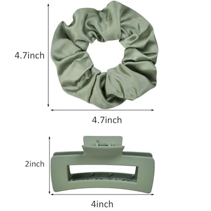 8Pcs Hair Clips and Scrunchies Set for Women - 4 Medium Non-Slip Matte Square Claw Clips, 4 Large Satin Scrunchies, Hair Accessories for Thick Thin Hair, Daily Use (Green) - color: Botanical Green Tones