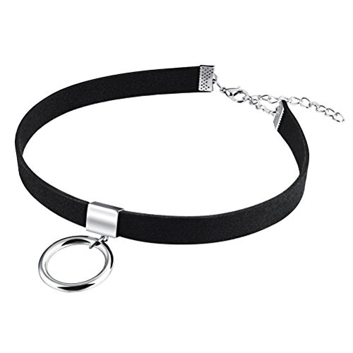 PAURO Women's Black Velvet Ribbon Choker Necklace for with Gold/Silver O | Stainless Steel,Classic Charm Jewelry - color: Circle-Silver