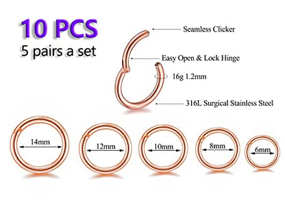 HQLA 16G Surgical Steel Hinged Clicker Segment Nose Rings Hoop Helix Cartilage Daith Tragus Sleeper Earrings Body Piercing for women 6mm 8mm 10mm 12mm 14mm - style: 16G - Rose Gold - (6mm-14mm) - 10Pcs