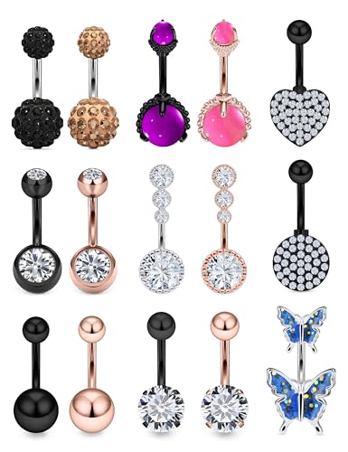 Vsnnsns 14G Belly Button Ring Piercing Jewelry 316L Stainless Surgical Steel Heart CZ Pearl Butterfly Flower Navel Rings Dangle Belly Button Ring Navel Piercing Jewelry for Women Men Hypoallergenic - color: Black&Rose Gold B