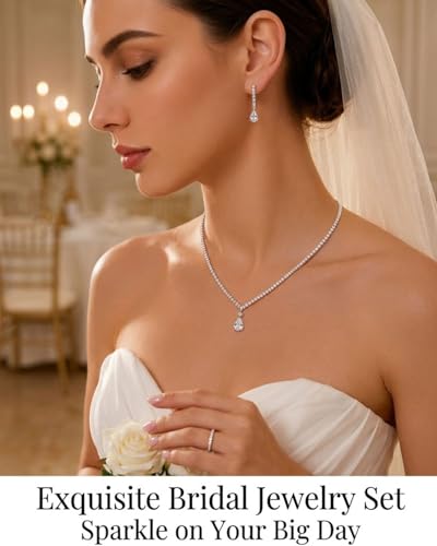 Silver Rhinestone Necklace and Earring Set for Women – Bridal Wedding Jewelry Set, Bridesmaid Accessories, Prom and Formal Costume Jewelry - color: Silver