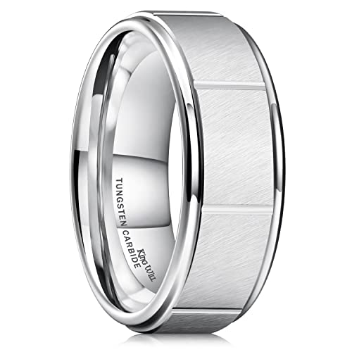 King Will Classic Mens 、Tungsten Carbide Rings Brick Pattern Groove Center | Silver/Black/Gold/Rose Gold, 8mm, Grooved, Comfort Fit, Brick pattern, Everyday Wear - color: F-Silver-Groove Center