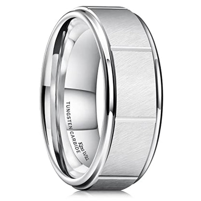 King Will Classic Mens 、Tungsten Carbide Rings Brick Pattern Groove Center | Silver/Black/Gold/Rose Gold, 8mm, Grooved, Comfort Fit, Brick pattern, Everyday Wear - color: F-Silver-Groove Center