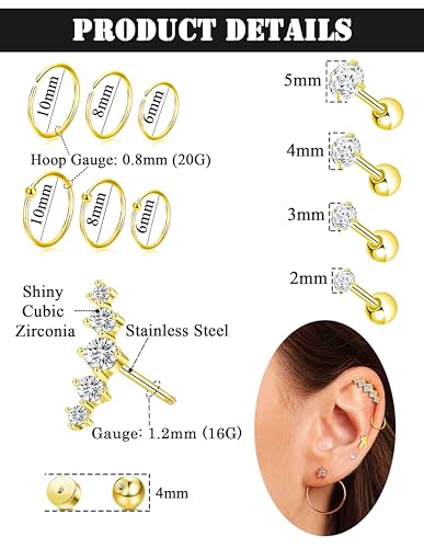 Akeoqi 25Pcs 16G Cartilage Earrings Stud for Women Men Stainless Steel Helix Conch Hoops CZ Opal Flower Butterfly Moon Lighting Snake Bee Forward Rook Tragus Flat Screw Back Piercings Jewelry