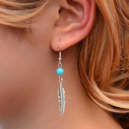 Vintage Turquoise Bead Feather Earrings Silver Feather drop Earrings Turquoise Dangle Hook Earrings Turquoise Feather Earrings Jewelry for Women