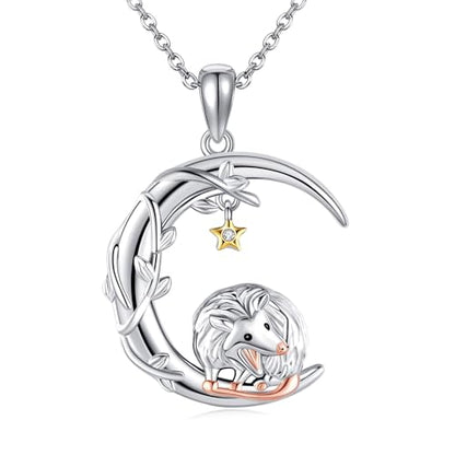 YAFEINI Moon Animal Necklace S925 Sterling Silver Owl/Fox/Red Panda/Possum/Snake/Dachshund Pendant Necklace Animal Jewelry Gifts for Women Mom Wife - style: POSSUM