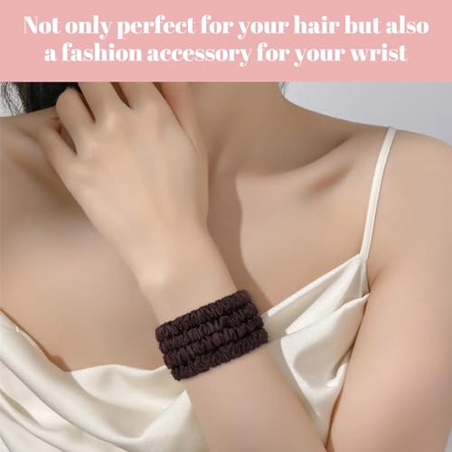 Scrunchies Hair Ties Silk Satin Scrunchy, WantGor Women 4PC Hair Bands | Pure Mulberry Silk Skinny Elastic Scrunchies Bracelets Ponytail Holders Hair Accessories (Brown*4) - color: Brown*4
