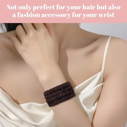 Scrunchies Hair Ties Silk Satin Scrunchy, WantGor Women 4PC Hair Bands | Pure Mulberry Silk Skinny Elastic Scrunchies Bracelets Ponytail Holders Hair Accessories (Brown*4) - color: Brown*4