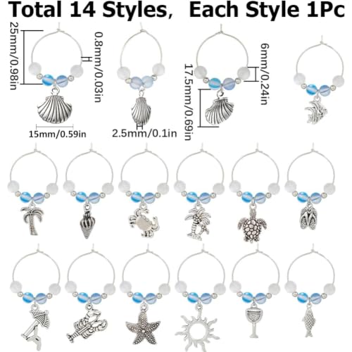 SUNNYCLUE 1 Box 14Pcs Drink Charms Bulk Wine Marker Charms Wine Glass Identifier Sea Summer Ocean Hawaii Glass Ball Charms Wine Identifiers for Gathering Wedding Gift Party Favor Drinks Decor Supplies - style: 14 Sets Silver Tone Summer Ocean Wine Charms