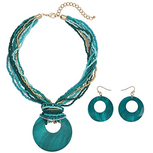 Coiris Multi Strand Statement Colorful Beaded Necklace with Big Circle Shell Pendant for Women - color: Dark Teal
