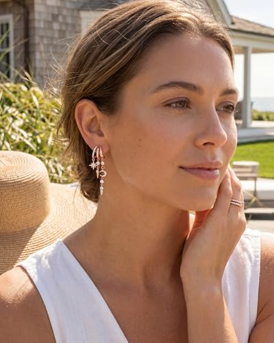 Gold Earrings for Women Trendy 14K Gold Plated Dangle Earrings Small Hoop Huggie Drop Stud Earrings Cubic Zirconia Simple Minimalist Dainty Chain Tassel Hypoallergenic Earrings - color: Celestial & Rose Gold