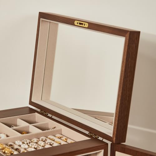 CHOSIN Black Walnut Wooden Jewelry Box for Women with Lock, Mirror, 5 Layer | Lockable wity Key, 4 Drawers, 2 Side Doors, Large Capacity for Necklaces, Earrings, Rings, Watches, Brooches, Women Gifts - size: 5 Layer - Top Lock