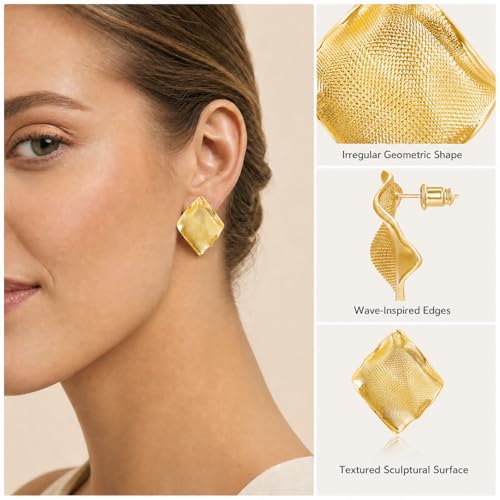 18K Gold Plated Statement Stud Earrings for Women Hypoallergenic Geometric Wave Earrings Irregular Textured Chunky Fashion Jewelry Gifts for Womens - color: Gold