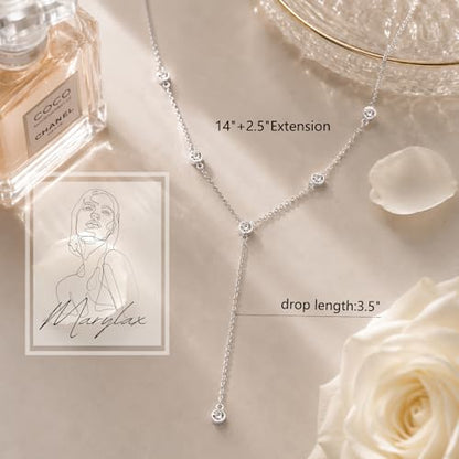 Lariat Gold Necklace for Women, 14K Gold Plated Dainty Drop Y Necklace, Waterproof Non Tarnish Long Layered Beaded Chain Lariat Necklace Prom Jewelry Summer Vacation Gift for Her - color: Silver-8