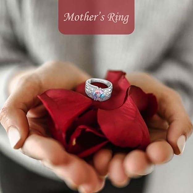 Custom Multi-Stone Family Ring 925 Sterling Silver/10K/14K/18K Gold Colored Personalized (2-8 stones) Birthstone Engraved Ring for Women Mom Wife Jewelry Gifts - style: Six Stone