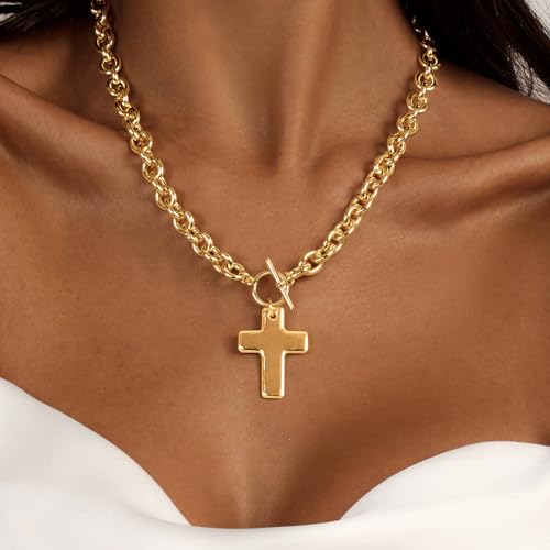 Airmb Cross Necklace for Women Gold/Silver Plated Layered Dainty Cross Chain Trendy Choker Satellite Charm Small Crucifix Pendant Gold/Silver Necklace Stackable Hypoallergenic Delicate Gift for Women - color: Gold-Extra Large Chunky Cross