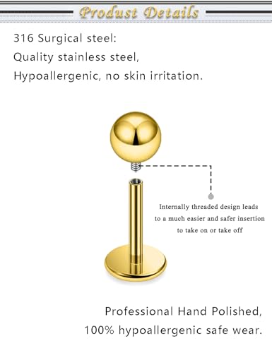 Internally Threaded Labret Studs 18G 16G 14G Surgical Steel Lip Piercing Jewelry with Claw Tool Monroe Snake Bite Jewelry Flat Back Barbell for Women Men Plus Piercing Ball Grabber Tool - color: goldtone, size: 16g,ball end