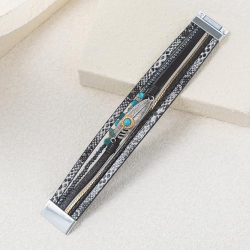 Western Turquoise Leather Cuff Bracelets Boho Feather Cowgirl Jewelry | Stackable Country Hippie Wrap Bangle Set Magnetic Clasp Chunky Beaded Stone Bohemian Statement Outfits for Women Trendy - color: Black