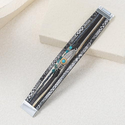 Western Turquoise Leather Cuff Bracelets Boho Feather Cowgirl Jewelry | Stackable Country Hippie Wrap Bangle Set Magnetic Clasp Chunky Beaded Stone Bohemian Statement Outfits for Women Trendy - color: Black