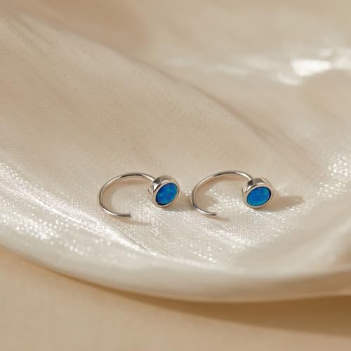 CHIC & ARTSY 925 Sterling Silver Half Hoop Earrings for Women, Dainty Huggie Hoops with Synthetic Opal, Moonstone, CZ & Gemstones, Lightweight Comfort Fit Everyday Elegant Jewelry - color: Opal Blue/Silver