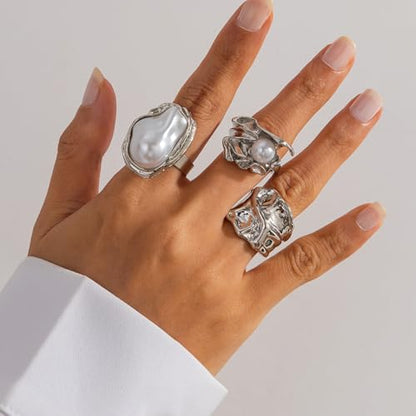 3/6 PCS Silver Chunky Pearl Rings Set for Women Gold Baroque Pearl Flower Open Ring Adjustable Crystal Large Ring Set Personalized Statement Knuckle Rings Fashion Costume Jewelry Accessories - color: silver