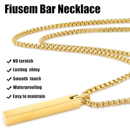 Fiusem Pendant Necklace for Men, Stainless Steel Bar Chain | Silver Tone/14k Gold Plated/Black Mens Pendant Necklaces with 2.5mm Box Chain, Jewelry Gifts 18-28 Inch - color: gold, size: 20 Inches, style: Clasp Rectangle