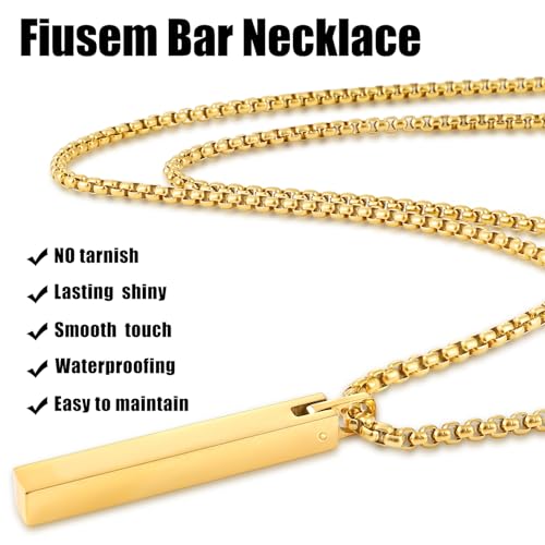Fiusem Pendant Necklace for Men, Stainless Steel Bar Chain | Silver Tone/14k Gold Plated/Black Mens Pendant Necklaces with 2.5mm Box Chain, Jewelry Gifts 18-28 Inch - color: gold, size: 22 Inches, style: Clasp Rectangle