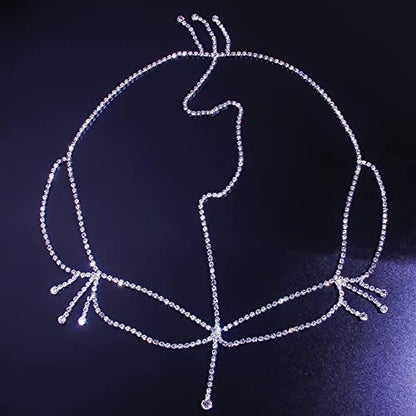 NAISKA Silver Rhinestone Layered Head Chain Jewelry for Women Long Tassel Crystal Rhinestones Cap Headpiece Bridal Wedding Party Belly Dance Rhinestone Flapper Headwear Accessories for Women and Teen