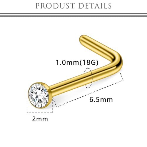 Hoeudjo Nose Studs Surgical Steel Cubic Zirconia Nose Rings Kit for Women Men Tiny Nose Stud Bone & Screw & L Shaped Nostril Piercing Jewelry 18/20/22/24 Gauge 10 Pieces - color: gold-tone,L-shaped nose studs, size: 18g/2mm clear CZ