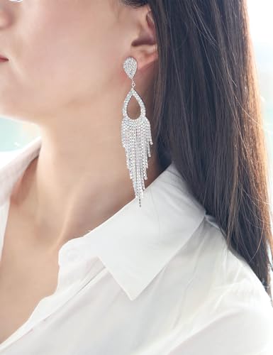 BaubleStar Rhinestone Teardrop with Long Tassel Earrings Sparkly Dangle Earrings for Women - color: Silver