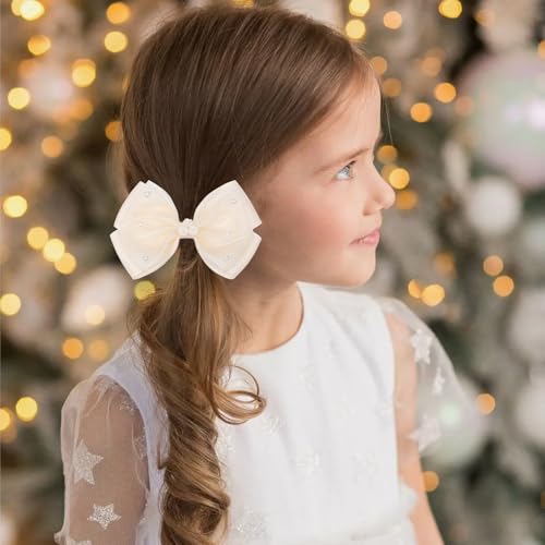 KISZU 4.5 Inch Flower Hair Bows Clips Mermaid Pearl HairPins for Girls Children Teens and Women - color: Yellow