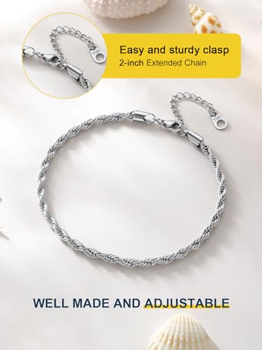 ChainsPro Resizable Anklet Chain for Women Men, Figaro/Wheat/Twist Rope/Cuban Foot Bracelet-Strong with Good Clasp-18K Gold Plated(Send Gift Box) - color: 09:twsit rope-Stainless