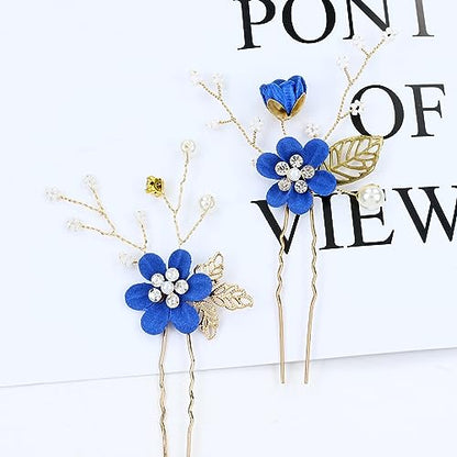 Cinaci 18 Pieces Bridal Wedding Party Prom Pearl Rhinestone Royal Blue Flower Hair Side Combs Slides+U-shaped Flower Hair Pins+Twist Spiral Hairpins Floral Headpieces for Brides Bridesmaids Women Girs - color: Royal Blue