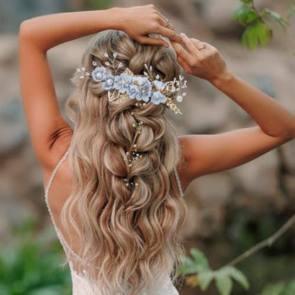 4 Pieces Bridal Flower Wedding Hair Comb Rhinestones Crystal Floral Hair Pins Hair Clips Wedding Hair Accessories Hair Jewelry for Brides Bridesmaids Women Girls(Blue) - color: Blue