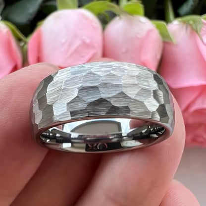 TUTISS 6mm 8mm Silver/Black/Gold/Rose Gold Hammered Tungsten Rings for Men Women Couple Fashion Jewelry Engagement Wedding Bands Domed Matte Finish Comfort Fit - color: 8mm Silver Tungsten