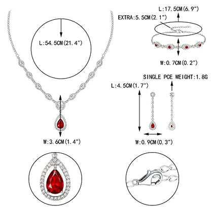 EVER FAITH Bridal Jewelry Set for Women, Stunning Teardrop Cubic Zirconia Birthstone Necklace Bracelet Earrings Sets Gift for Mothers Day/Valentines/Birthday/Christmas - color: Red
