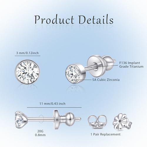 Limerencia Hypoallergenic G23 Pure F136 Implant Grade Titanium Earrings | 20G Flat Back Studs with CZ, Available in Round, Princess-Cut, Square & Ball, Earrings for Women and Men with Sensitive Ears - style: 3mm Round CZ