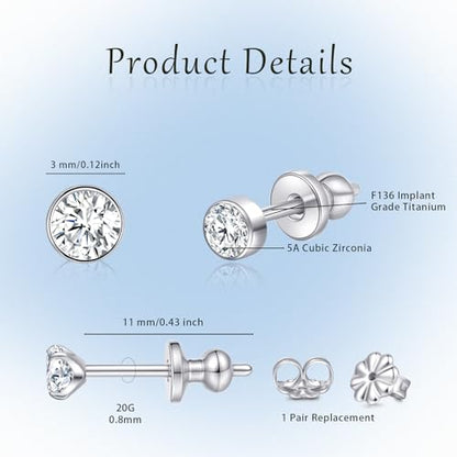 Limerencia Hypoallergenic G23 Pure F136 Implant Grade Titanium Earrings | 20G Flat Back Studs with CZ, Available in Round, Princess-Cut, Square & Ball, Earrings for Women and Men with Sensitive Ears - style: 3mm Round CZ