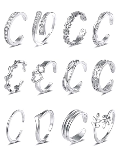 Akeoqi 12PCS 18K Gold Plated Toe Rings CZ Daisy Flower Leaf Heart Knot Band Open Tail Ring Beach Foot Jewelry Sets For Women Men Gold Silver Tone - color: B: Silver