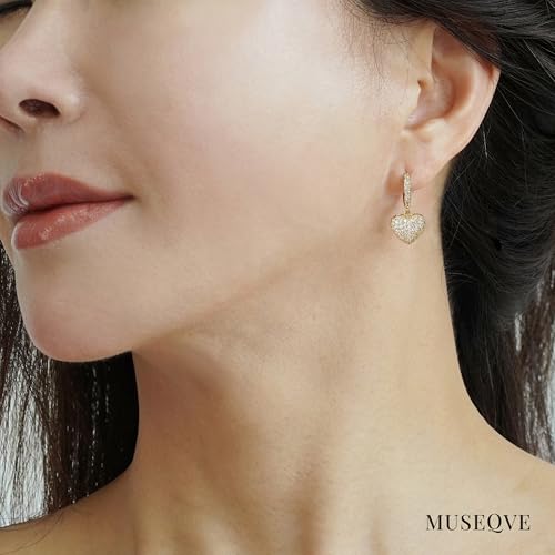 CZ Heart Dangle Earrings for Women 14K Gold Plated Pave Cubic Zirconia Heart Drop Huggie Hoop Earrings Minimalist Small Cute Crystal Love Jewelry Gifts Her Mom Daughter [HER-CZ] - color: Gold