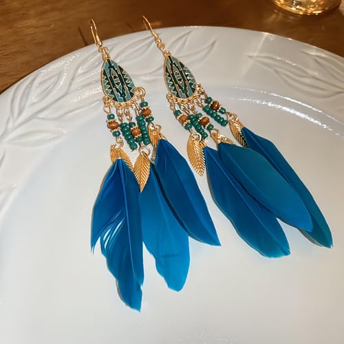 Boho Feather Tassel Dangle Earrings for Women Gold Plated Vintage Enamel Blue Beaded Peacock Feather Light Charms Drop Dangling Fish Hook Stud Bohemian Festival Party Jewelry