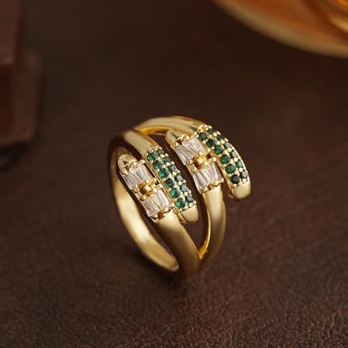 Adjustable 18K Gold Plated Open Bands Engagement Promise Ring for Women,Fashion Wrap Finger Cubic Zirconia Statement Cocktail Jewelry Gift (Green) - color: green
