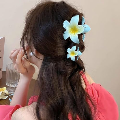 Flower Hair Clips for Women Claw Clips Summer Beaches Fashion Hair Accessories with Blue Gradient Cute Plumeria Design Barrettes Hold Hair in Place for Thick Thin Hair(3Pcs: 1 large 2 small) - color: Blue