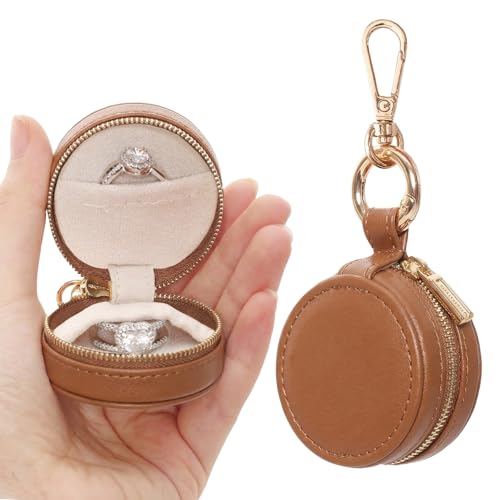 Gvhntk Jewelry Ring Holder Box with Keychain Portable Gym Jewelry Storage Box Case Travel Sports Ring Keeper Case Small Ring Earring Stud Necklace Storage Organizer Cases - color: Brown