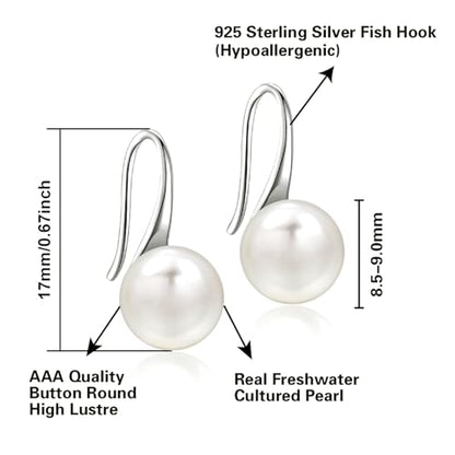 925 Sterling Silver Freshwater Cultured Handpicked AAA+ Quality Pearl Drop Earring for Women - color: Short,White Pearl(0.33-0.35 inches)