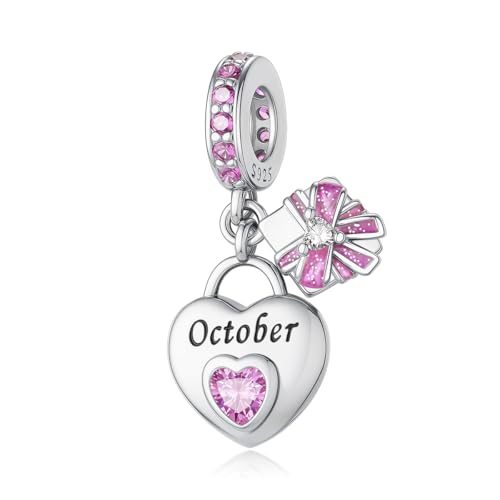 925 Sterling Silver Birthstone Charms Fit for Bracelet and Necklace Happy Birthday Charm Mother's Day Jewelry Gift for Women - color: 10-October