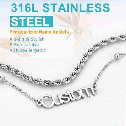 U7 Custom Layered Ankle Bracelets for Women Stainless Steel Bead/Cuban/Figaro/Rope/Wheat Chain Anklet Waterproof Anklet Jewelry for Beach Vacation - color: b-Silver-Rope Chain