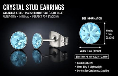 Stainless Steel Stud Earrings 5mm Crystal Birthstone Ultra-Tiny Cartilage Tragus Helix Second Ear Stackable Jewelry - color: March - Light Blue